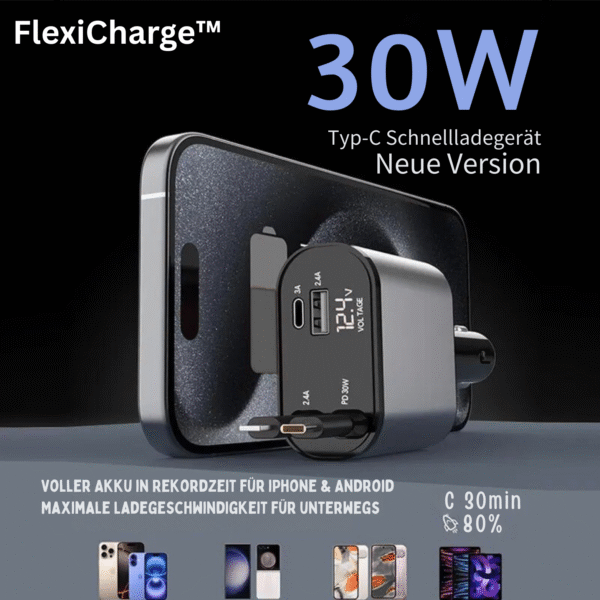 Auto Ladegerät 4-in-1 mit ausziehbaren Kabeln & 30W Schnellladen | FlexiCharge™ Premium für iPhone & Android – Bild 7