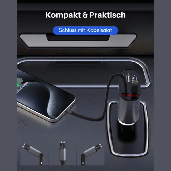 Auto Ladegerät 4-in-1 mit ausziehbaren Kabeln & 30W Schnellladen | FlexiCharge™ Premium für iPhone & Android – Bild 6