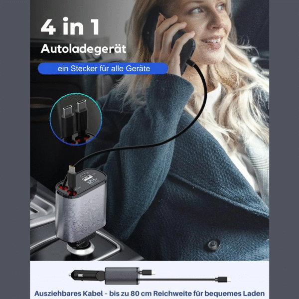 Auto Ladegerät 4-in-1 mit ausziehbaren Kabeln & 30W Schnellladen | FlexiCharge™ Premium für iPhone & Android – Bild 5