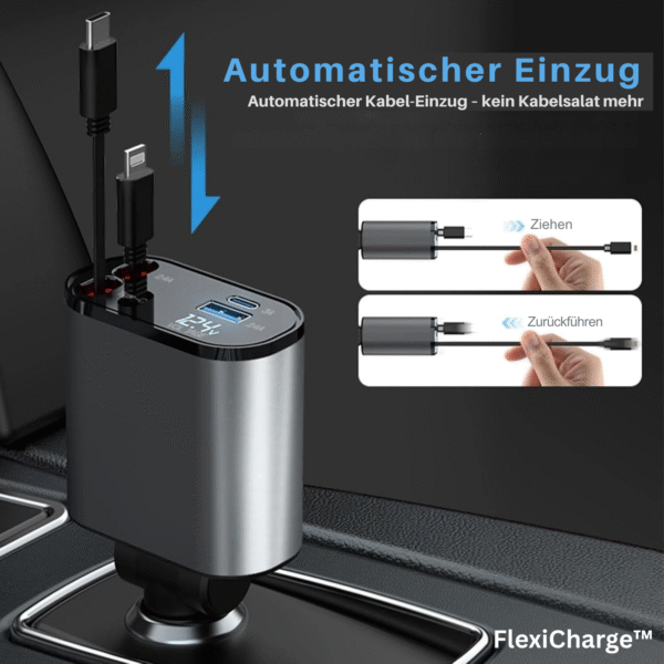 Auto Ladegerät 4-in-1 mit ausziehbaren Kabeln & 30W Schnellladen | FlexiCharge™ Premium für iPhone & Android – Bild 4