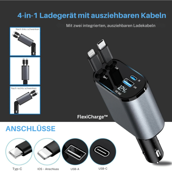Auto Ladegerät 4-in-1 mit ausziehbaren Kabeln & 30W Schnellladen | FlexiCharge™ Premium für iPhone & Android – Bild 3