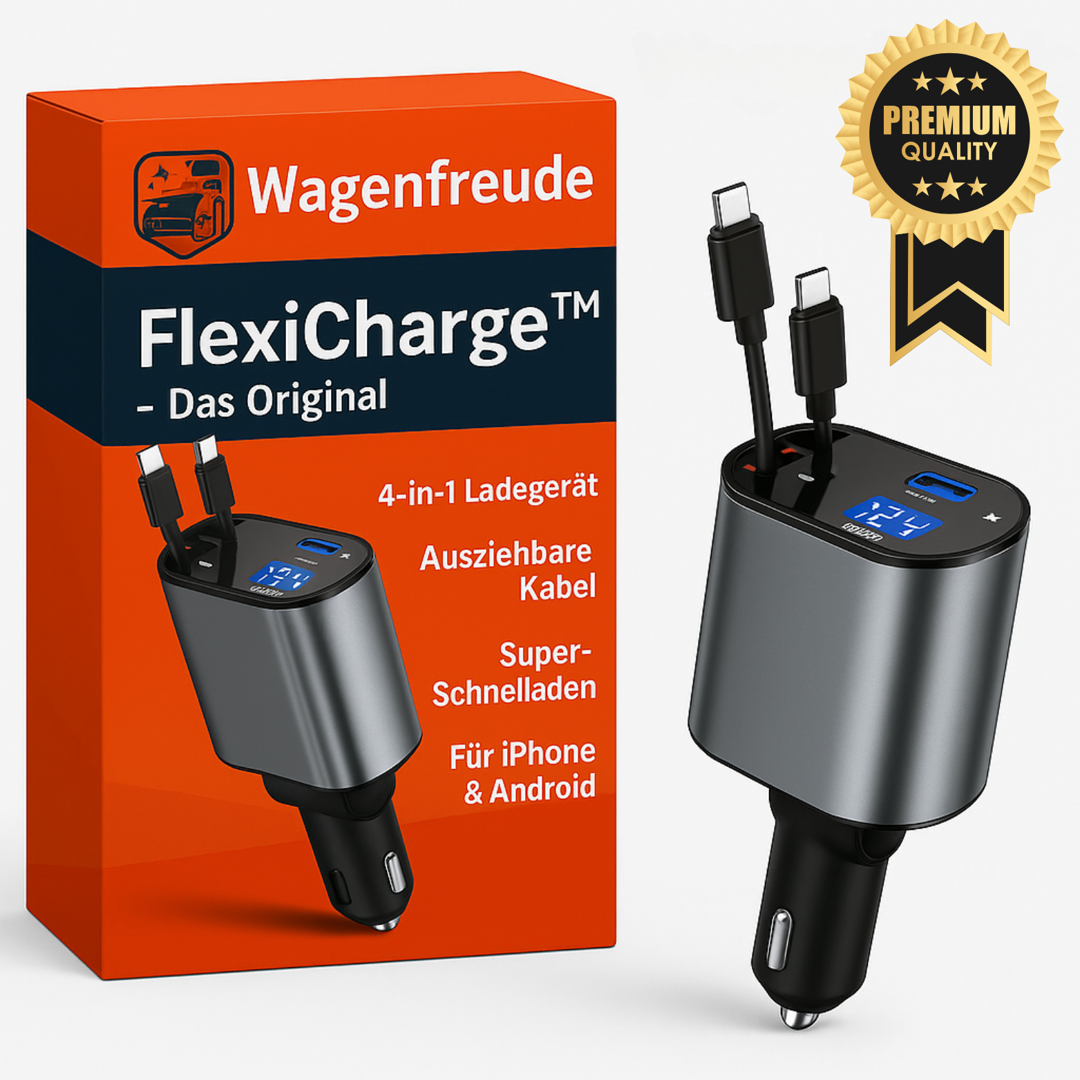 Auto Ladegerät 4-in-1 mit ausziehbaren Kabeln & 30W Schnellladen | FlexiCharge™ Premium für iPhone & Android